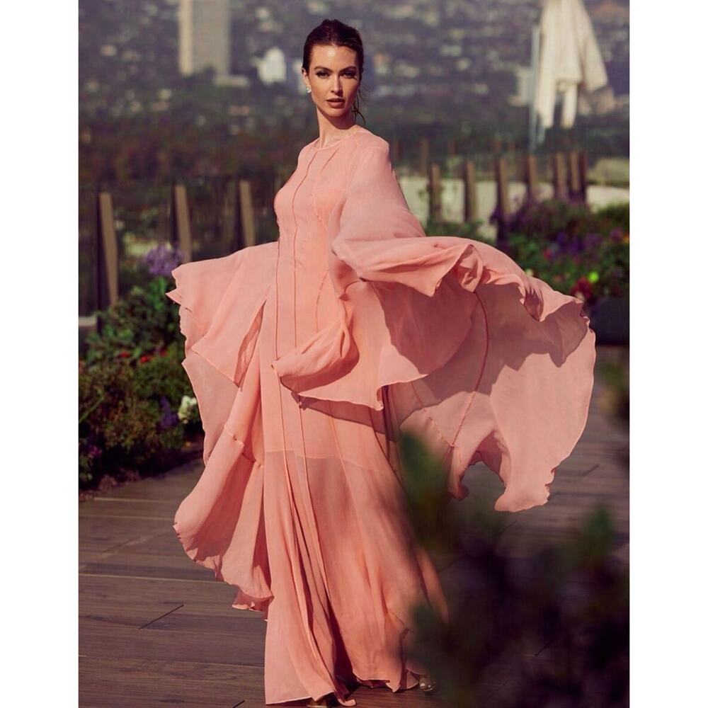 St. John Plunging-Illusion Sheer‎ Pink Silk Georgette Cape Gown 16